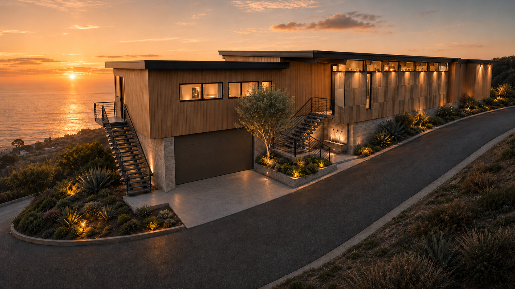 Contemporary coastal home overlooking the Pacific at sunset.
